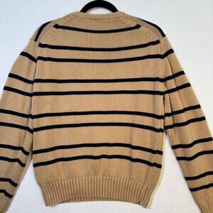 Cranmore British VTG Cotton Square Neck Tan Knitted Sweater Navy Striped Large